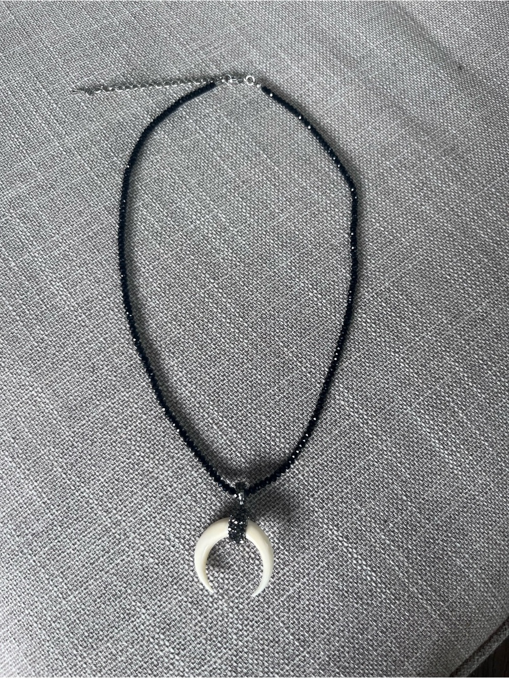 Black Beaded 20” Necklace with White Crescent Pendant